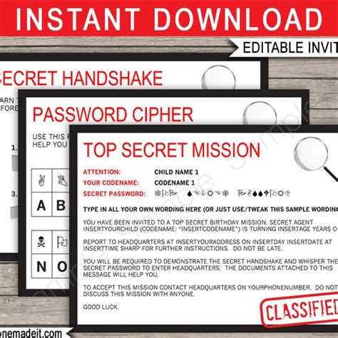 Printable Code Name Chart Spy Birthday Party Game Sec