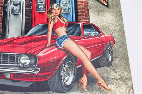 Muscle Car Garage Pin Up Girl Tin Sign Detroit Muscle Race Cars Shop Or