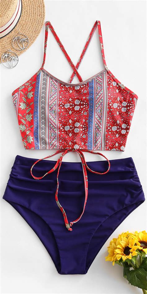 Zaful Ruched Lace Up Bohemian Printed Tankini Swimsuit Style Bohemian Swimwear Type Tankini