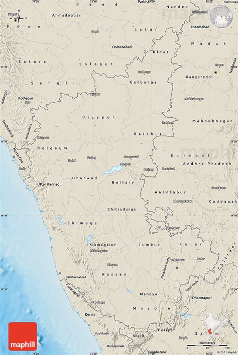 Detailed map of karnataka and near places. Shaded Relief Map of Karnataka