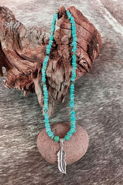 Turquoise Necklace With Silver Feather Pendant Southwest Indian