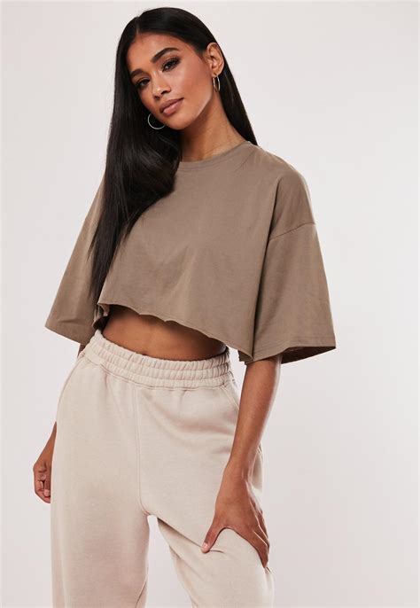 Taupe Drop Shoulder Oversized Crop Top | Missguided