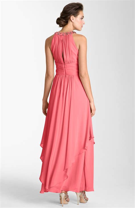 Eliza J Embellished Tiered Chiffon Halter Gown In Pink Start Of Color
