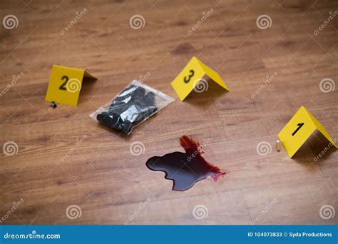 Knife In Blood And Evidence Marker At Crime Scene Stock Image Image