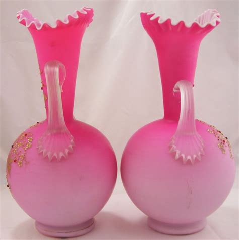 Vintage Set Of Pink Satin Glass Vases From Seasideartgallery On Ruby Lane