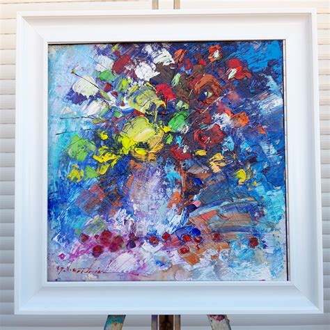 cuadro al oleo sobre lienzo flores 40x40 cm arte abstracto flores cuadro con marco blanco