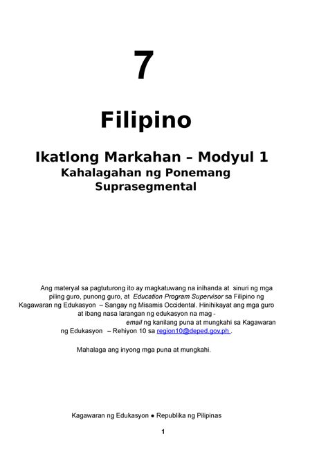 Filipino 7 Q3 M1 Kahalagahan Ng Ponemang Suprasegmental 7 Filipino
