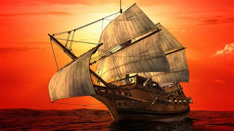 Ship With Sails Sea Sunset Red Sky Ultra Hd 4k Art