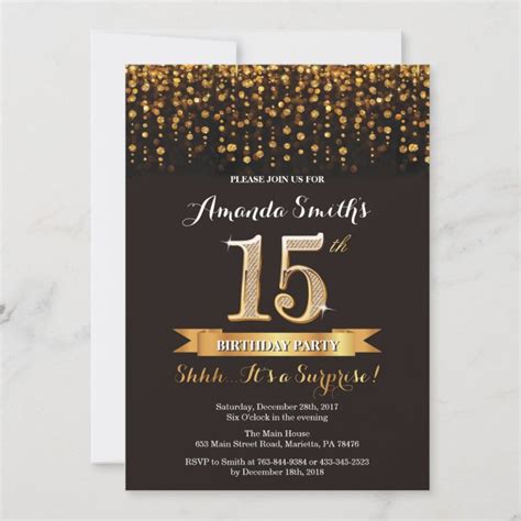 Surprise 15th Birthday Invitation Black And Gold Zazzle