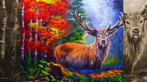 Acrylic Wild Animal Painting Tutorial Male Deer With Autumn Forest