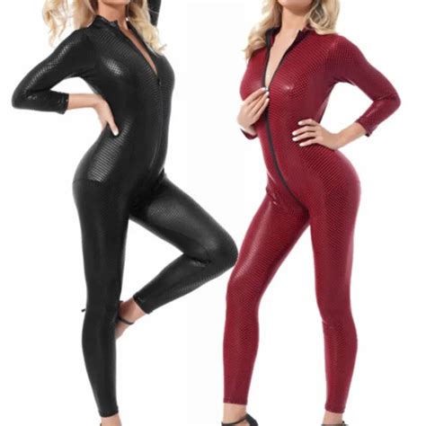 Women Wet Look Bodysuit Patent Leather Plaid Catsuit Long Sleeve Zipper Jumpsuit Eur 2008