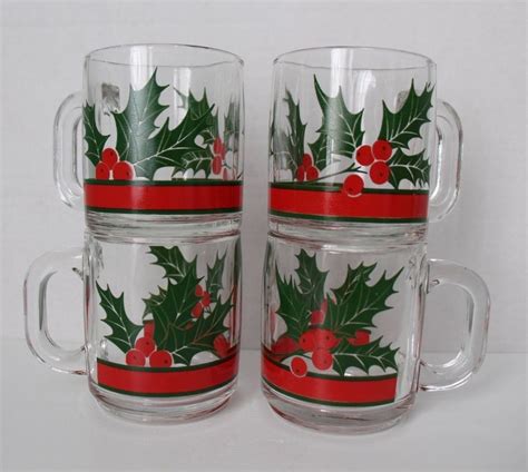 Vintage Holly Berries Glass Mugs Set Of 4 Libbey Cups Coffee Tea Christmas Cocoa Mugs Set