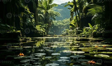 Beautiful Tropical Garden Abundant With Lush Vegetation Stock