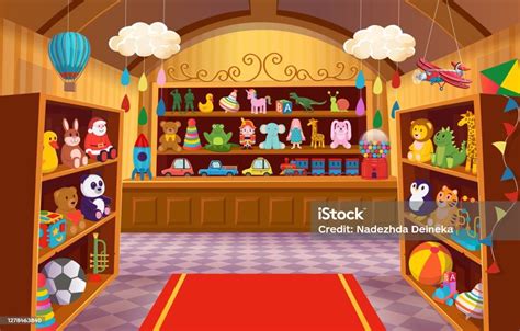 Toy Shop With Shelves Of Toys Big Set Of Colorful Toys For Children