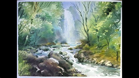 Watercolor Landscape Painting Forest Waterfall Youtube