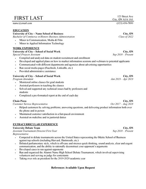 First Time Applicant First Job College Student Resume