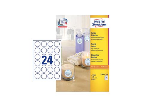 Avery L3415 100 Self Adhesive Round Labels 40mm 24 Labelssheets