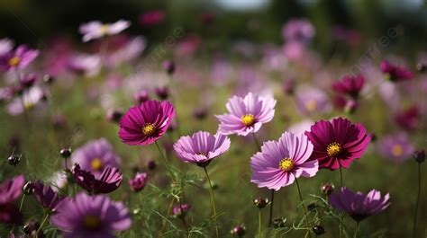 Purple Cosmos Blooming In A Field Background Cosmos Flower Background