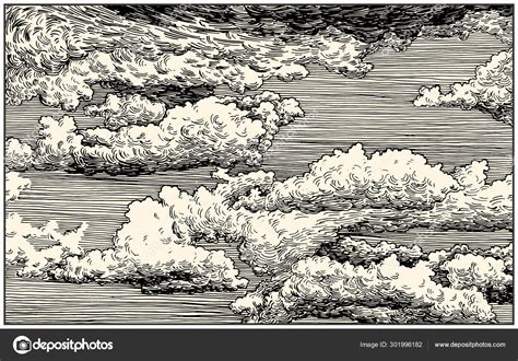 Beautiful Dashed Hand Draw Clouds Sky Pen Ink Renaissance Book Stock