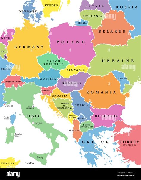 Central Europe Colored Countries Political Map With National Borders