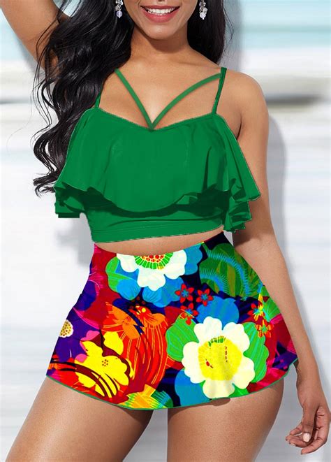 Flower Print Ruffle Hem High Waist Bikini Set Usd 999
