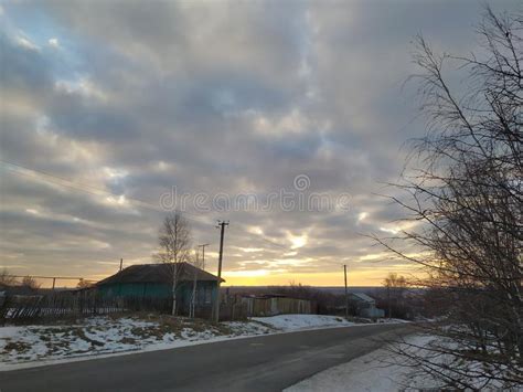 Beautiful Grey Clouds At Dawn In The Cold Of Winter In The Village