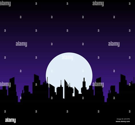 Night Moon Over City Skyscrapers Silhouettes Black Panoramic Cityscape
