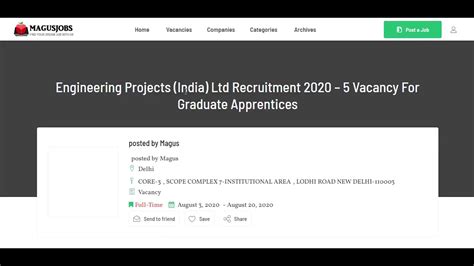 Engineering Projects India Ltd Recruitment 2020 5 Vacancy India