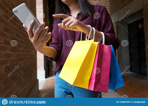 Woman Using Smartphone For Shopping Online Shopping Concept Stock