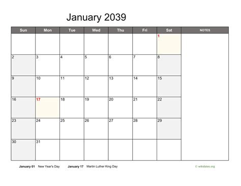 Monthly 2039 Calendar With Notes