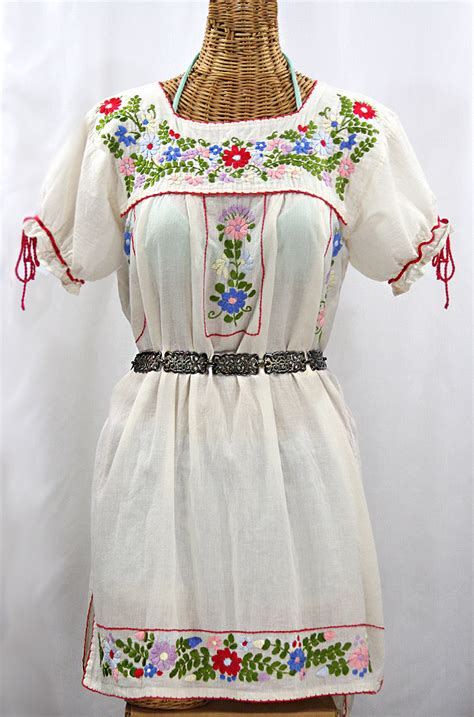 La Antigua Embroidered Mexican Style Peasant Dress Off White