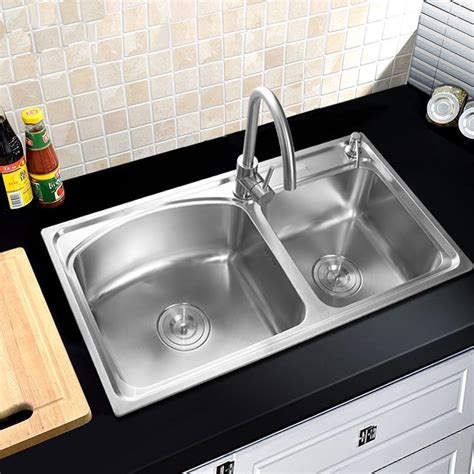 Modern Kitchen Sink 2 Bowls Brushed 304 Stainless Steel Sink Topmount