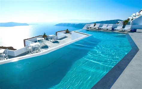 Swimming Pool With Sea View Hotel In Santorini Greece Wallpapers And