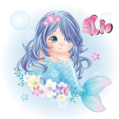 Cute Mermaid With Watercolor Illustration 2075056 Vector Art At Vecteezy