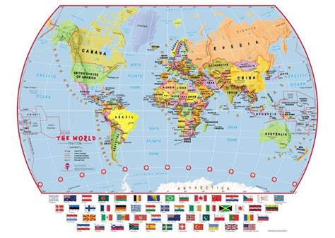 Large Elementary School Political World Wall Map With Flags Laminated