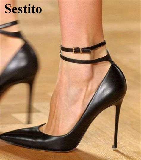 Women Sexy Black Pointed Toe Ankle Strap Party Pumps Super High Thin Heels High Heels Buckle