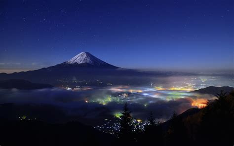 Wallpaper Japan Trees Landscape Lights Mount Fuji