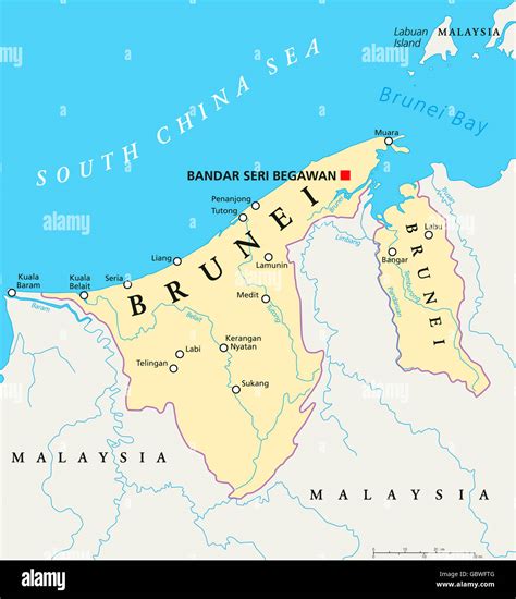 Brunei Political Map With Capital Bandar Seri Begawan National Borders