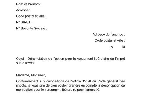 Courrier De Dénonciation Pour Le Versement Libératoire Modèle Gratuit