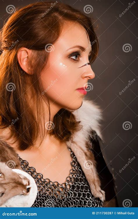 Close Up Portrait Of Medieval Woman Warrior Of The Barbarian Era Stock Image Image Of Fight