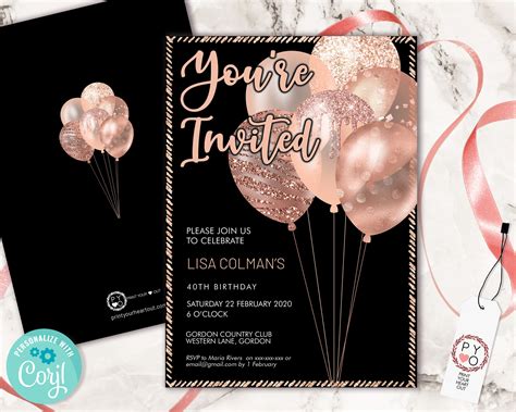 rose gold 11th birthday invitation balloon editable printable invite pink glitter instant