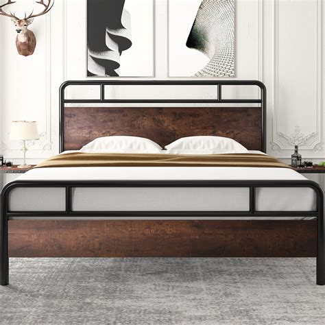Amolife King Size Modern Heavy Duty Metal Platform Bed Frame With Wood