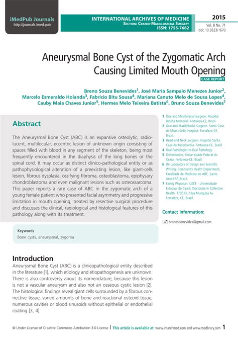 Pdf Aneurysmal Bone Cyst Of The Zygomatic Arch Causing Limited Mouth