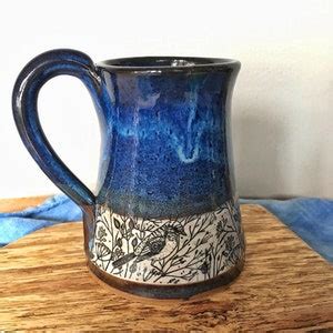 Handmade Pottery Mug With Birds Blue Mug With Dill Flowers And