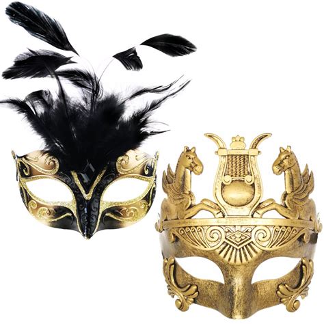 New Goldblack Feather Women Mask And Gold Roman Warrior Men Mask Venetian Couple Masks For