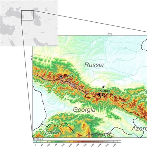 Map Showing Caucasus Mountains Mt Kazbek Mt Elbrus Location Of