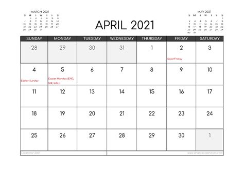Free April 2021 Calendar Uk Printable