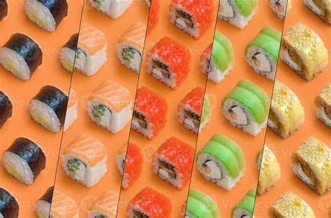 Collage With Different Types Of Asian Sushi Rolls On Orange Background