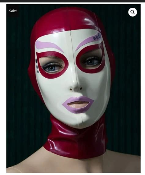 Sexy Rose Red Latex Hood Rubber Mask White Face Open Eyes Mouth With