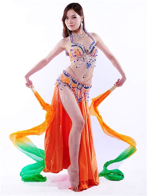 Belly Dance Costume Satin Rhinestones Beaded Sexy Bra Top With High Slit Pleated Long Skirt And